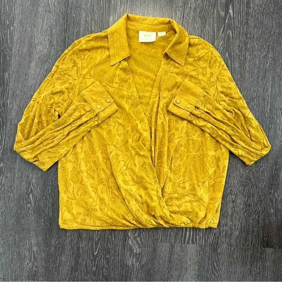 Anthropologie Maeve Lydia Gold Floral Burnout Wrap Blouse - Picture 3 of 8